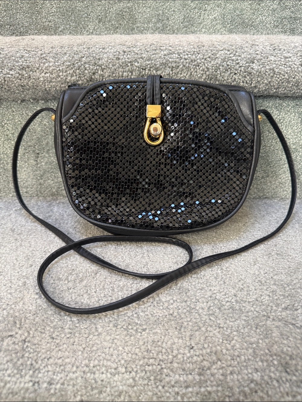 Vintage Black Sequin Crossbody Bag with Gold Hardware